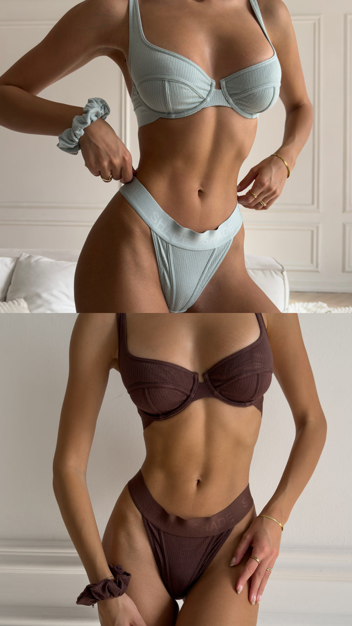 Morning Mint Thong and Teddy Brown Thong Bra and Scrunchie Bundle