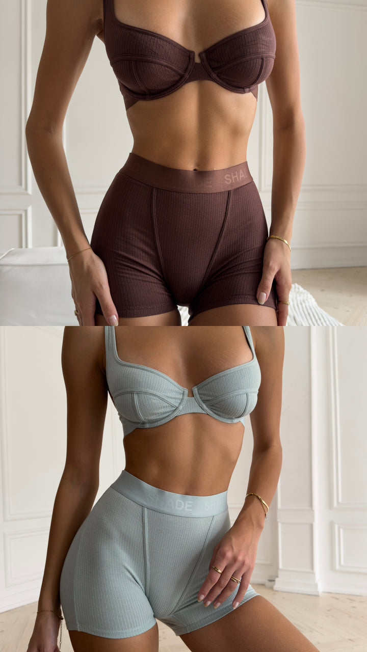 Morning Mint and Teddy Brown Bra, Boxer and Scrunchie Bundle